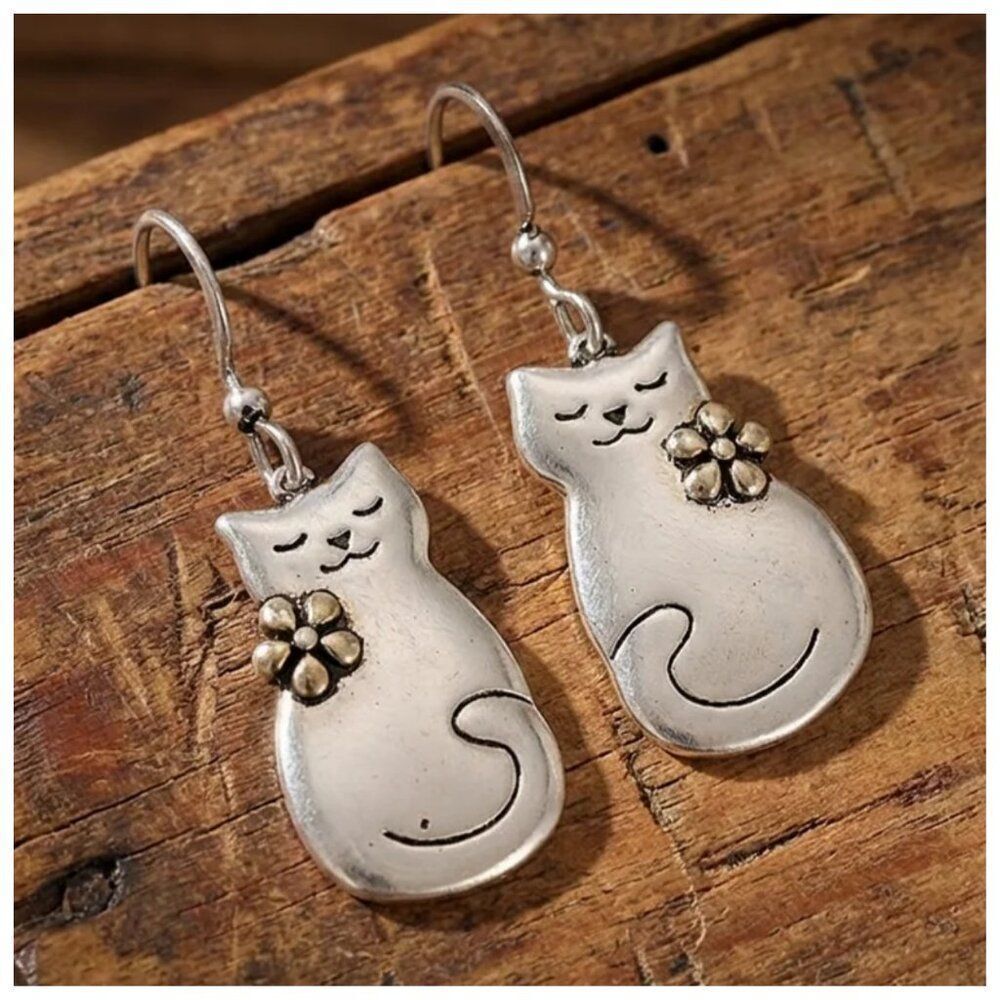 Fluffy Kitties Earrings with Flower Artesian Jewelry Whimsical Smiling Cat